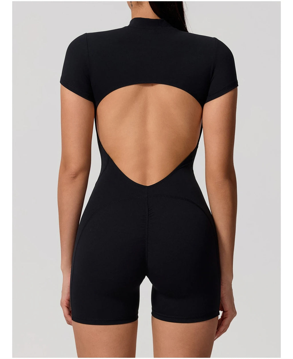 Short Sleeve Backless Yoga Jumpsuit Women Zip Front Fitness Romper