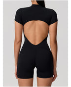 Short Sleeve Backless Yoga Jumpsuit Women Zip Front Fitness Romper