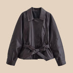Jaqueta Trench Coat Casual em Couro PU com Cinto
