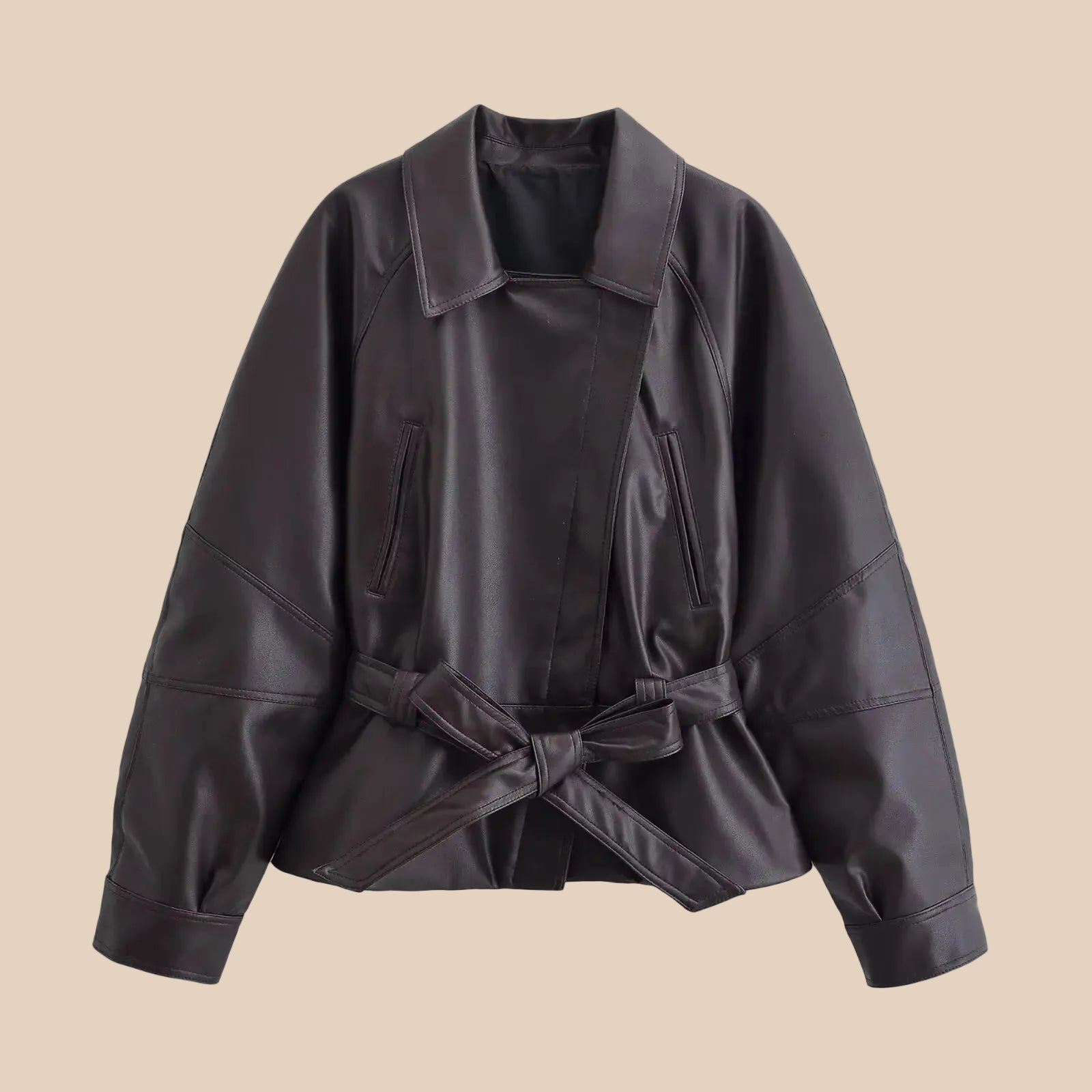 Jaqueta Trench Coat Casual em Couro PU com Cinto