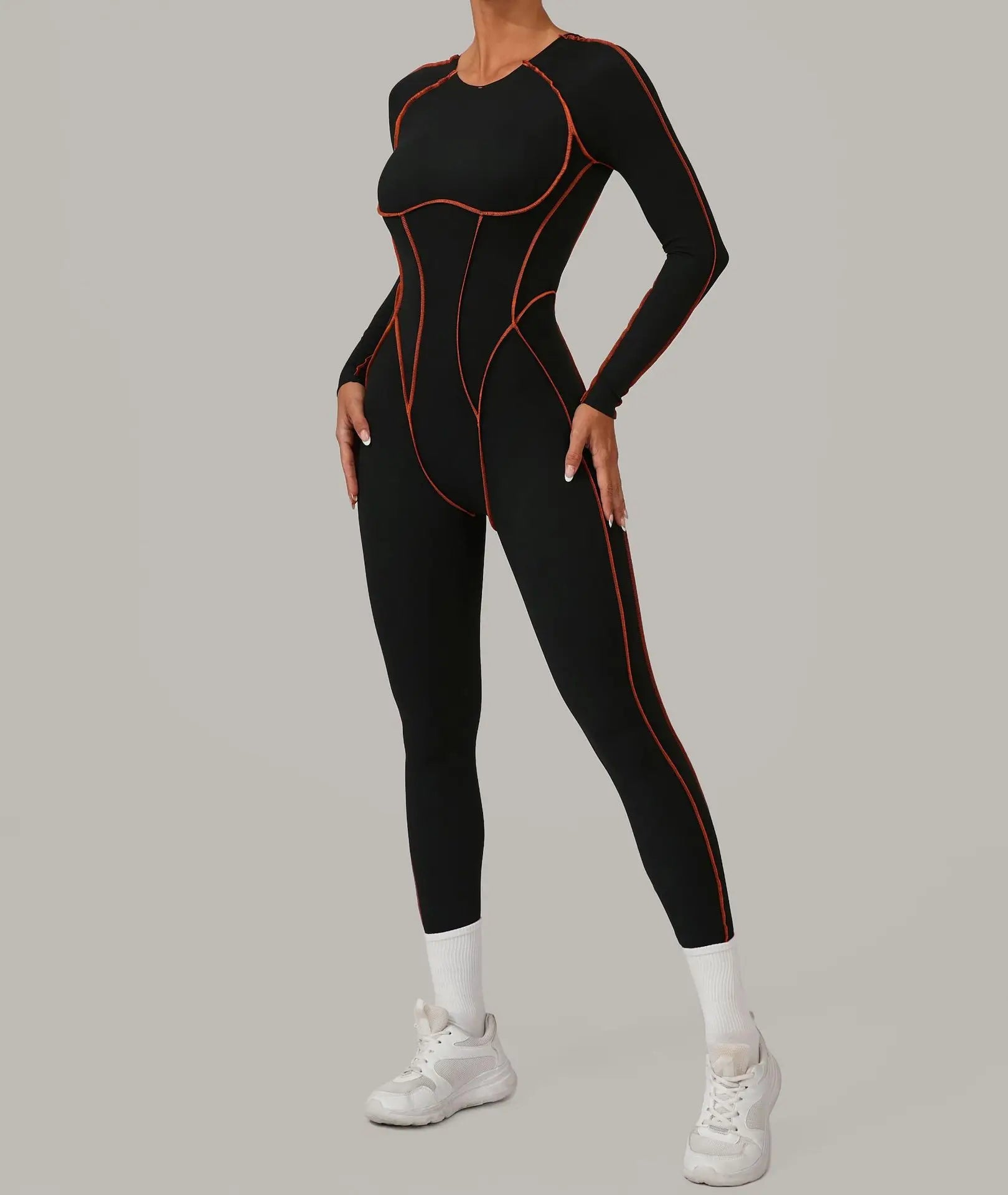 Long Sleeve Backless Jumpsuit Women Hollow Out Contrast Trim Sculpting Catsuit