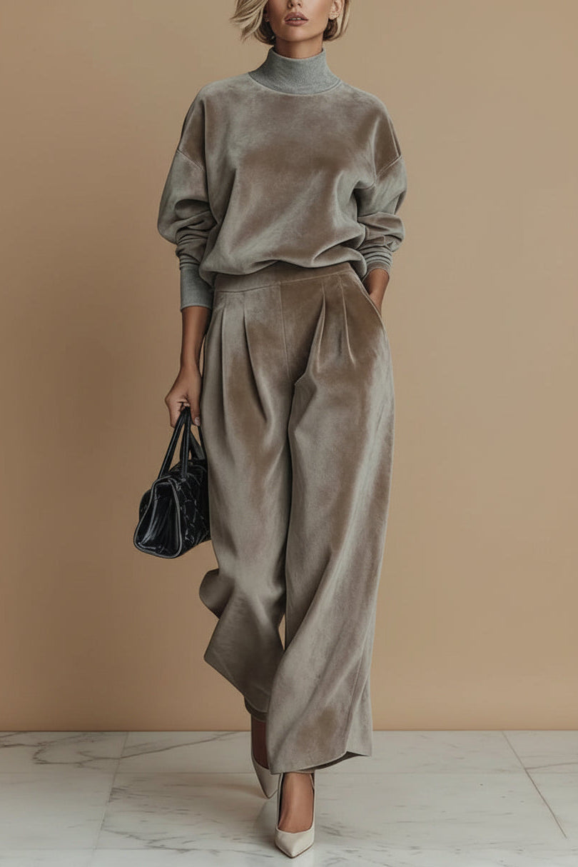 Conjunto de Veludo Casual Premium Gola Alta e Calça Wide Leg