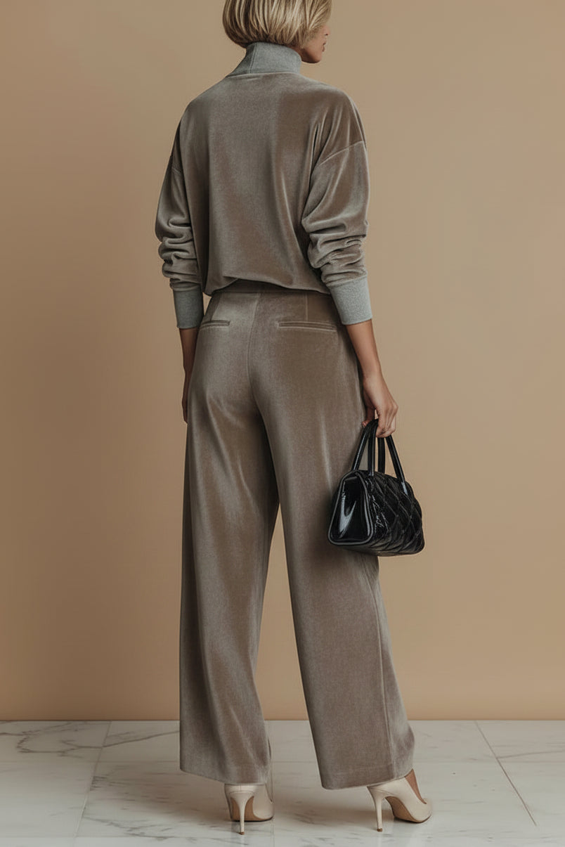 Conjunto de Veludo Casual Premium Gola Alta e Calça Wide Leg