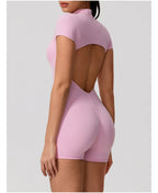 Short Sleeve Backless Yoga Jumpsuit Women Zip Front Fitness Romper