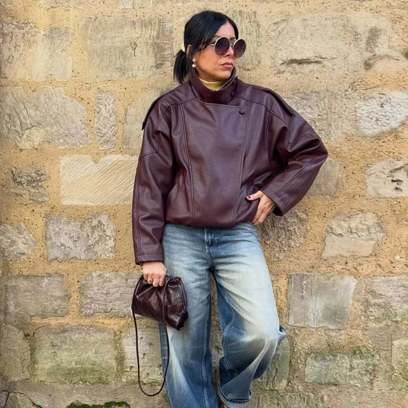 Jaqueta Bomber Oversized Couro PU Texturizado