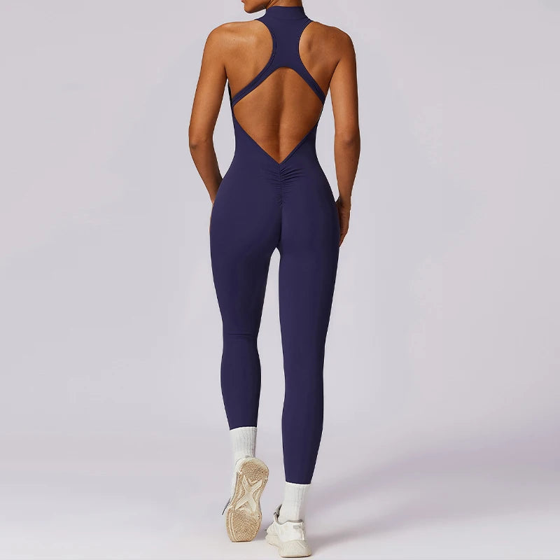 One-Piece Activewear Jumpsuit - V-Back Zip Front with Sculpting Fit