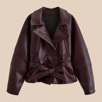 Jaqueta Trench Coat Casual em Couro PU com Cinto