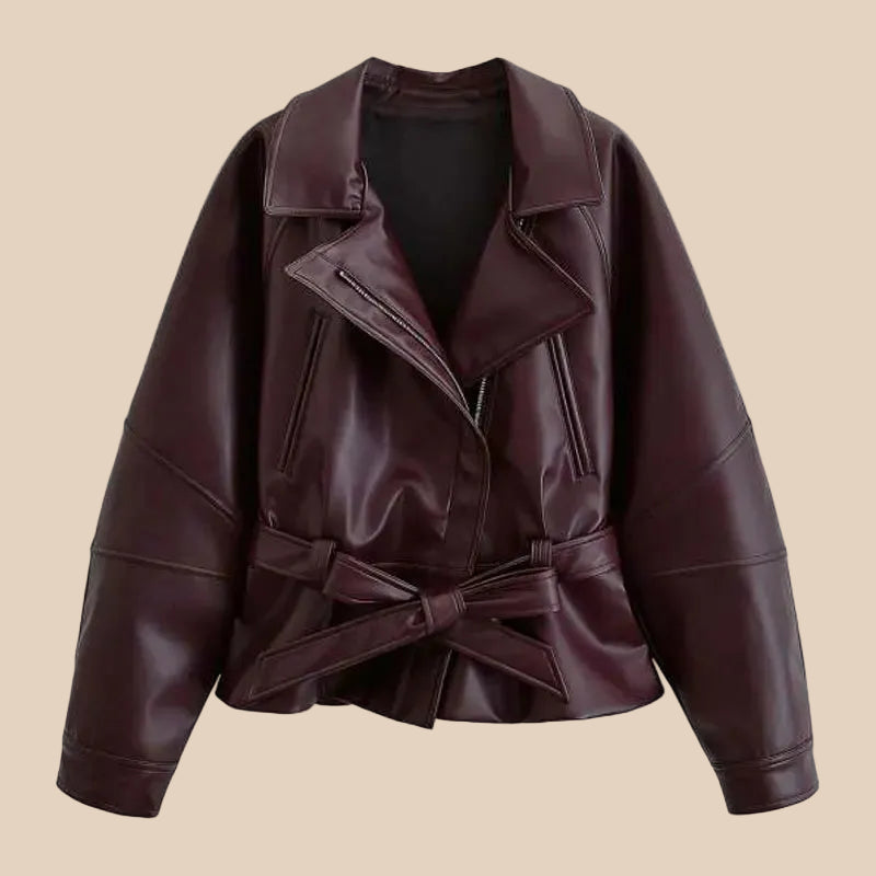 Jaqueta Trench Coat Casual em Couro PU com Cinto