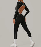 Long Sleeve Backless Jumpsuit Women Hollow Out Contrast Trim Sculpting Catsuit
