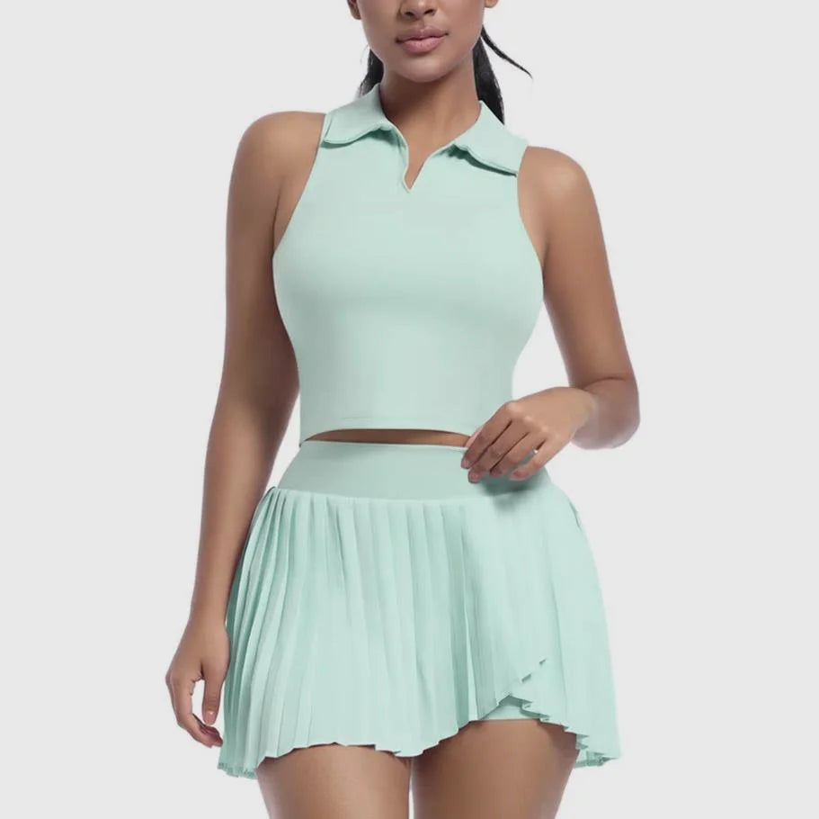 Tennis Skirt Set High Waist Pleated Polo Crop