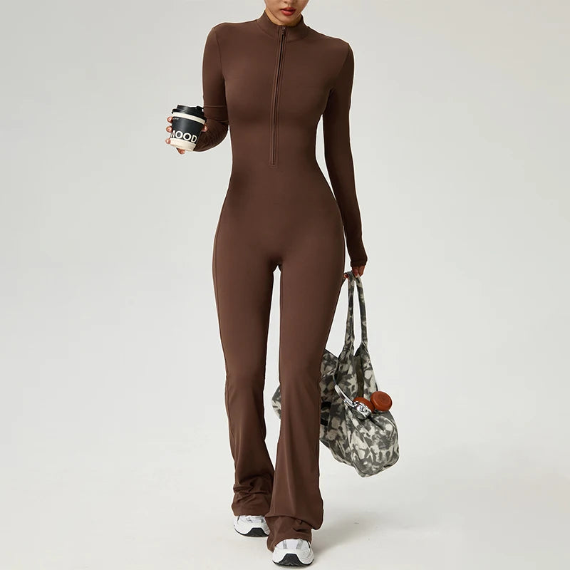 Long Sleeve Zip Front Jumpsuit Women High Neck Flare Leg Stretch Catsuit