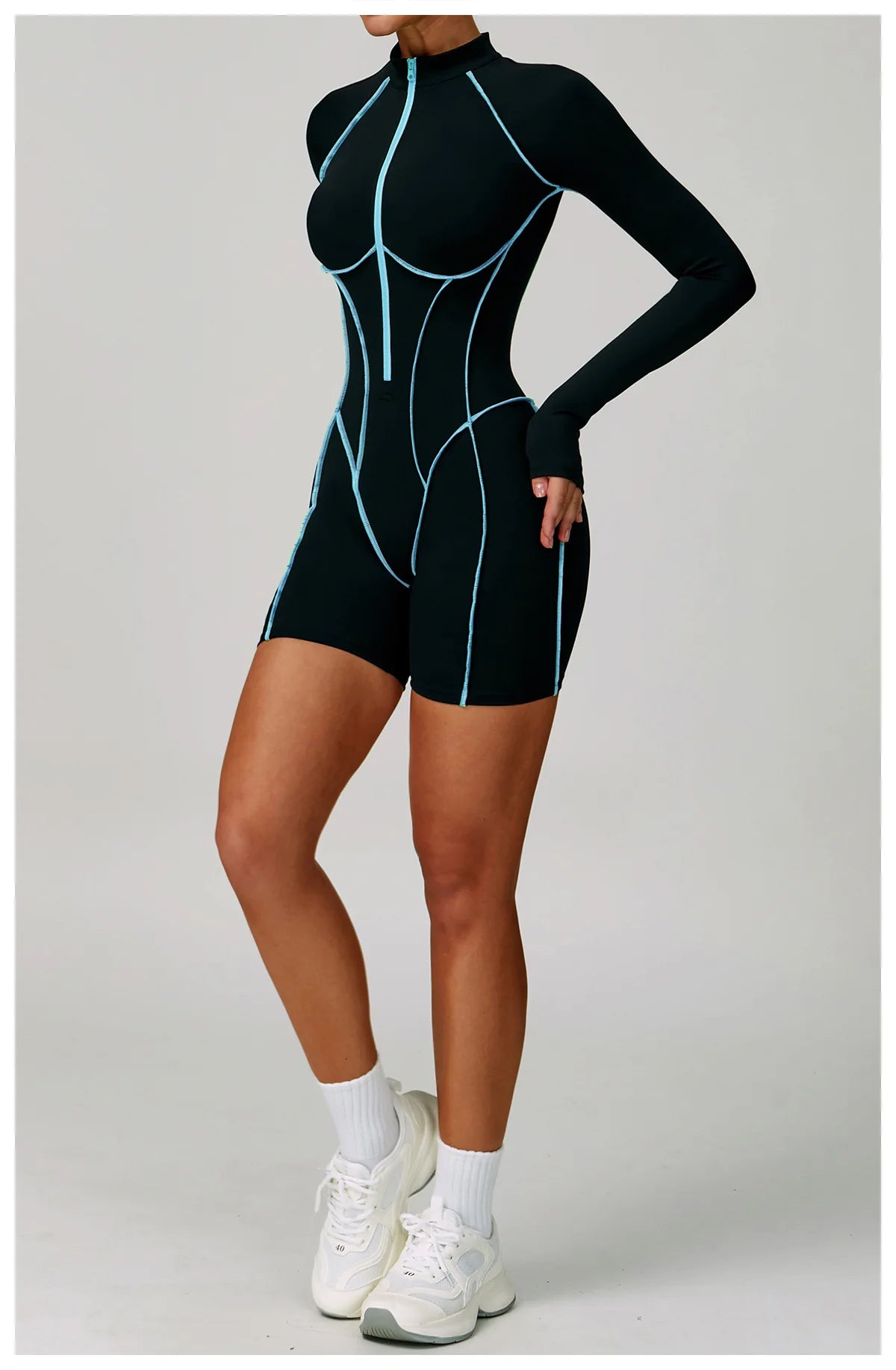 Long Sleeve Backless Shorts Jumpsuit Black Women Zip Front Contrast Trim Workout Catsuit