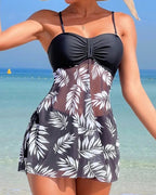 Ruched Bandeau Tankini Set Mesh Skirt Swimwear