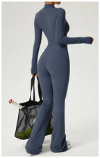 Long Sleeve Zip Front Jumpsuit Women High Neck Flare Leg Stretch Catsuit