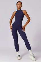 One-Piece Activewear Jumpsuit - V-Back Zip Front with Sculpting Fit