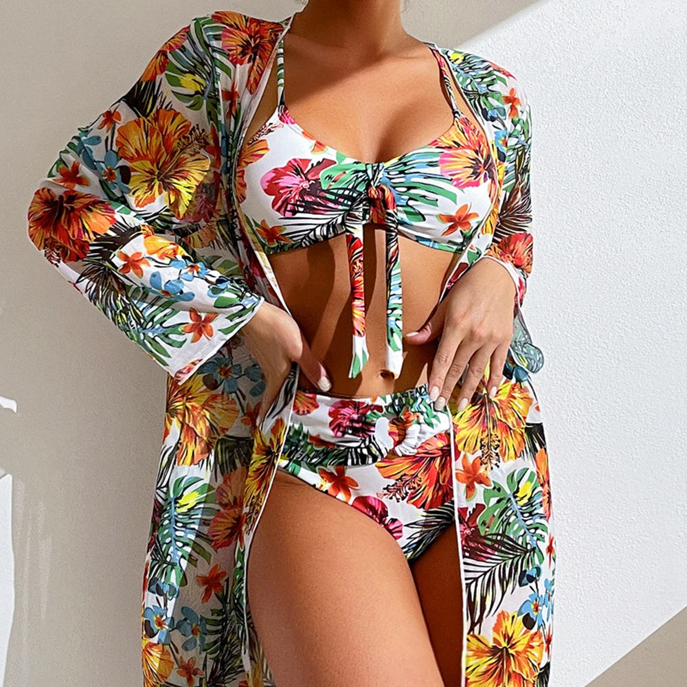 Floral High Waist Bikini Set With Mesh Cover Up Swimwear