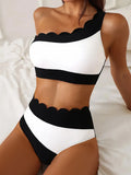 Scalloped One Shoulder High Waist Bikini Set Black White Swimwear