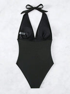 Halter Ruched One Piece Swimsuit Deep V Neck Monokini