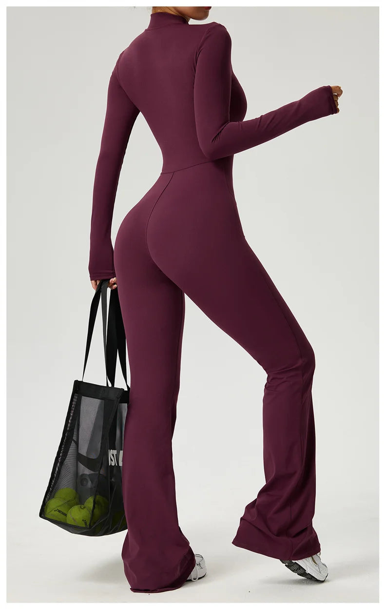Long Sleeve Zip Front Jumpsuit Women High Neck Flare Leg Stretch Catsuit