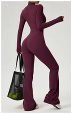 Long Sleeve Zip Front Jumpsuit Women High Neck Flare Leg Stretch Catsuit