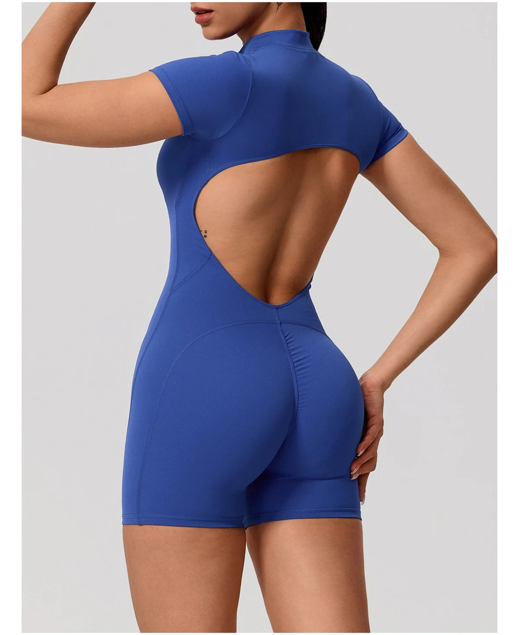 Short Sleeve Backless Yoga Jumpsuit Women Zip Front Fitness Romper