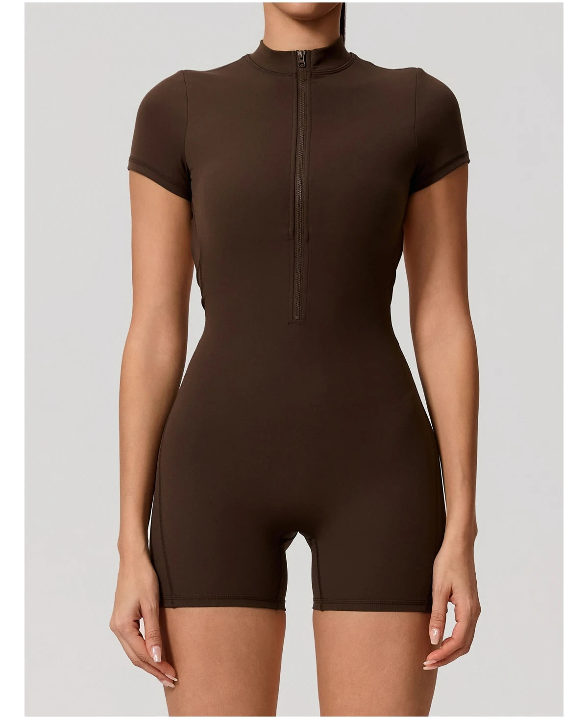 Short Sleeve Backless Yoga Jumpsuit Women Zip Front Fitness Romper