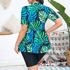 Plus Size Tropical Leaf Tankini Set High Waist Swimwear