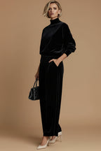 Conjunto de Veludo Casual Premium Gola Alta e Calça Wide Leg