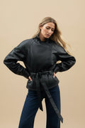 Jaqueta Trench Coat Casual em Couro PU com Cinto