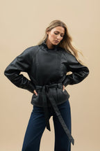 Jaqueta Trench Coat Casual em Couro PU com Cinto