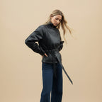 Jaqueta Trench Coat Casual em Couro PU com Cinto