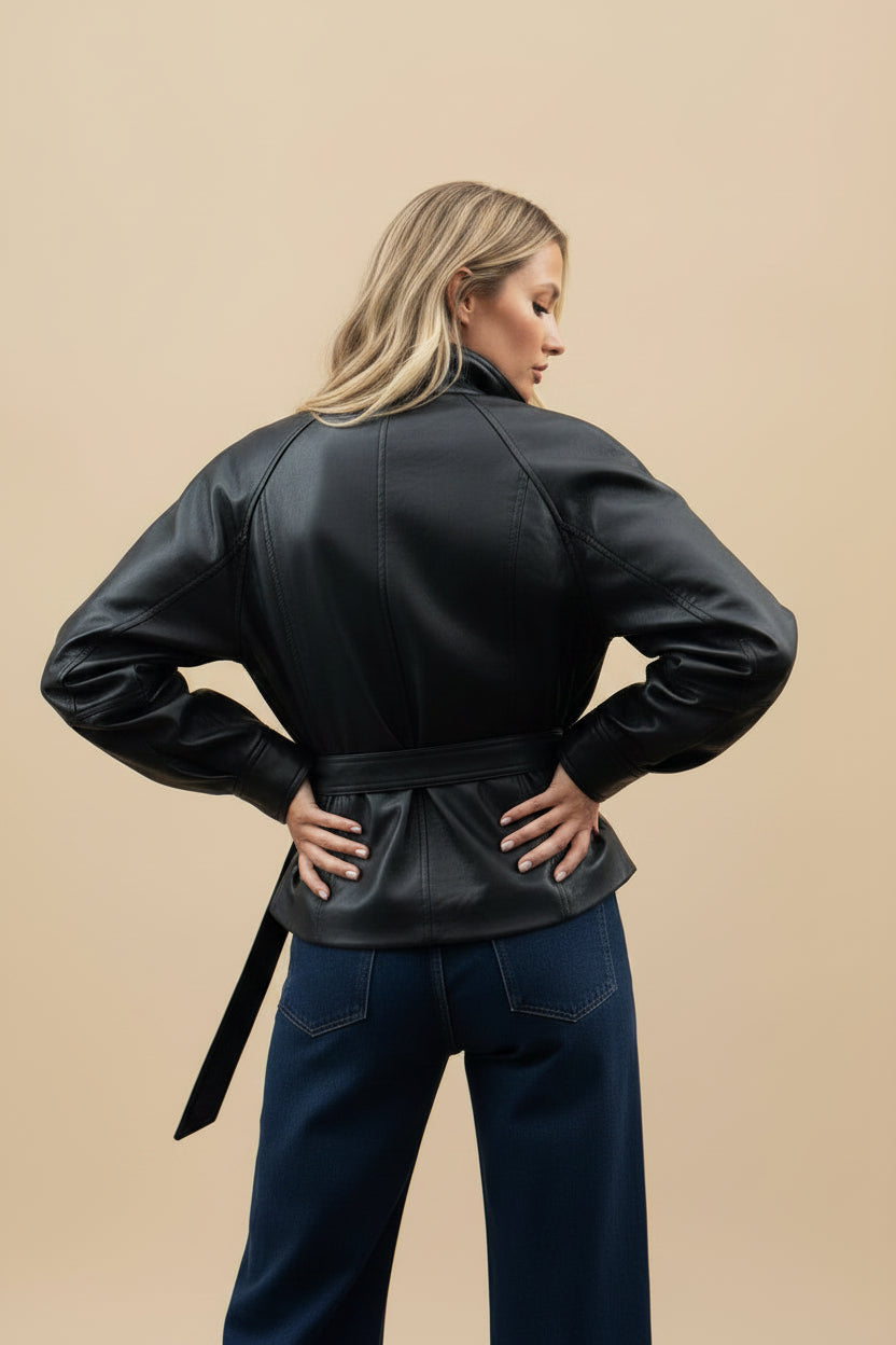 Jaqueta Trench Coat Casual em Couro PU com Cinto