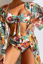 Floral High Waist Bikini Set With Mesh Cover Up Swimwear