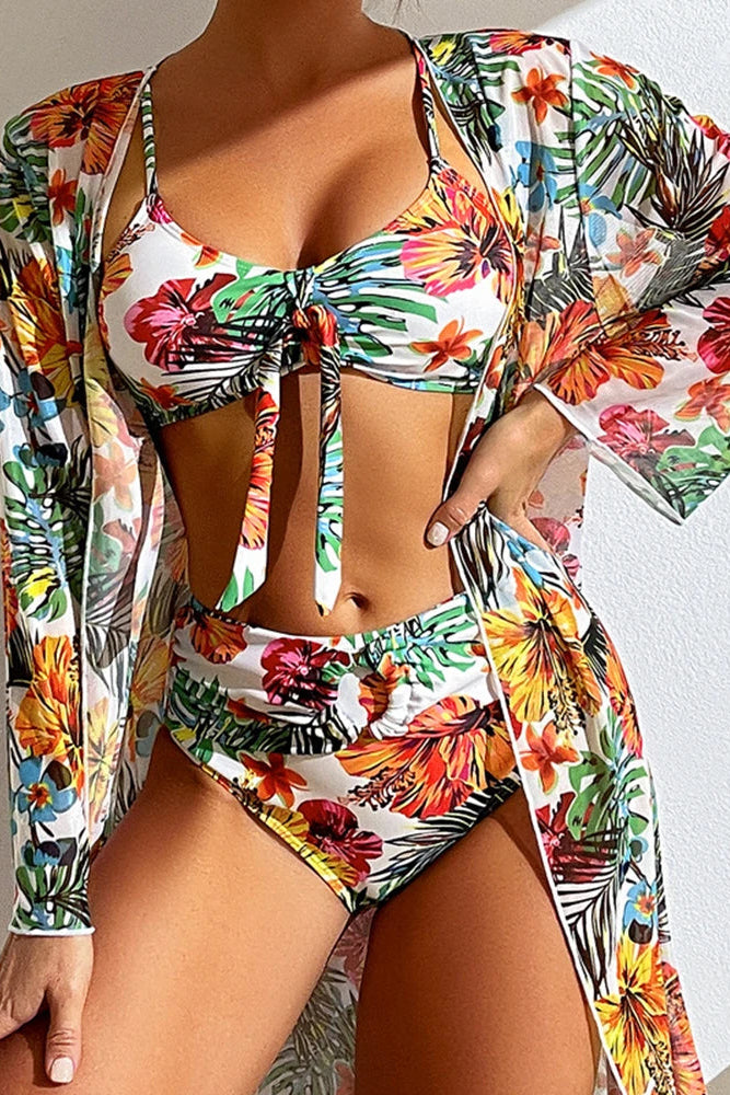 Floral High Waist Bikini Set With Mesh Cover Up Swimwear