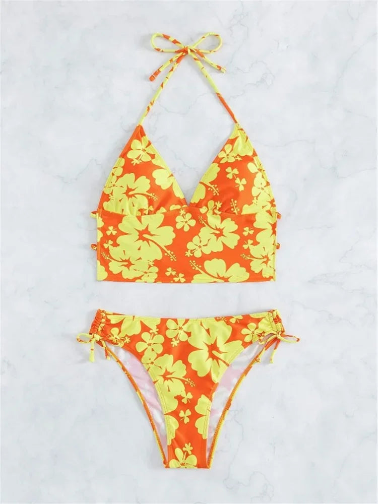 Halter Floral Print High Waist Bikini Set
