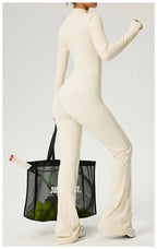 Long Sleeve Zip Front Jumpsuit Women High Neck Flare Leg Stretch Catsuit