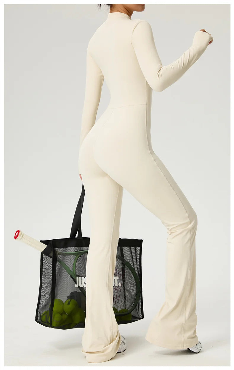 Long Sleeve Zip Front Jumpsuit Women High Neck Flare Leg Stretch Catsuit