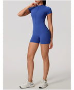 Short Sleeve Backless Yoga Jumpsuit Women Zip Front Fitness Romper