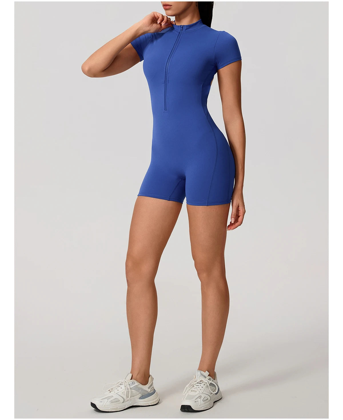 Short Sleeve Backless Yoga Jumpsuit Women Zip Front Fitness Romper