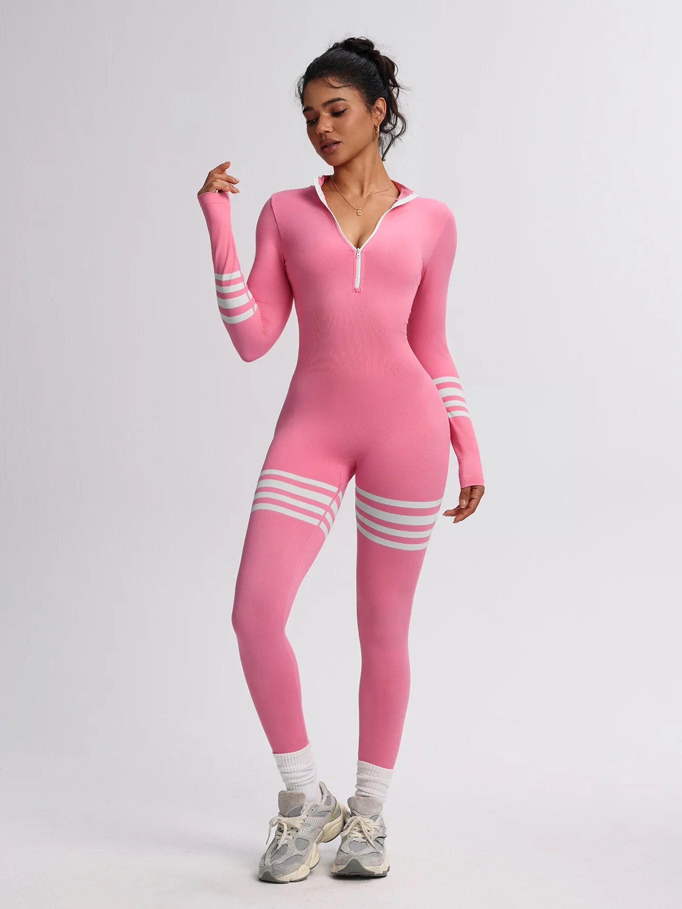Long Sleeve Jumpsuit Zip Front Stripe Catsuit