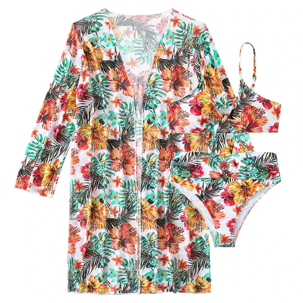 Floral High Waist Bikini Set With Mesh Cover Up Swimwear
