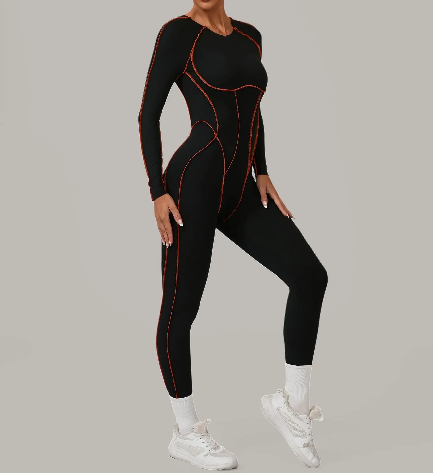 Long Sleeve Backless Jumpsuit Women Hollow Out Contrast Trim Sculpting Catsuit