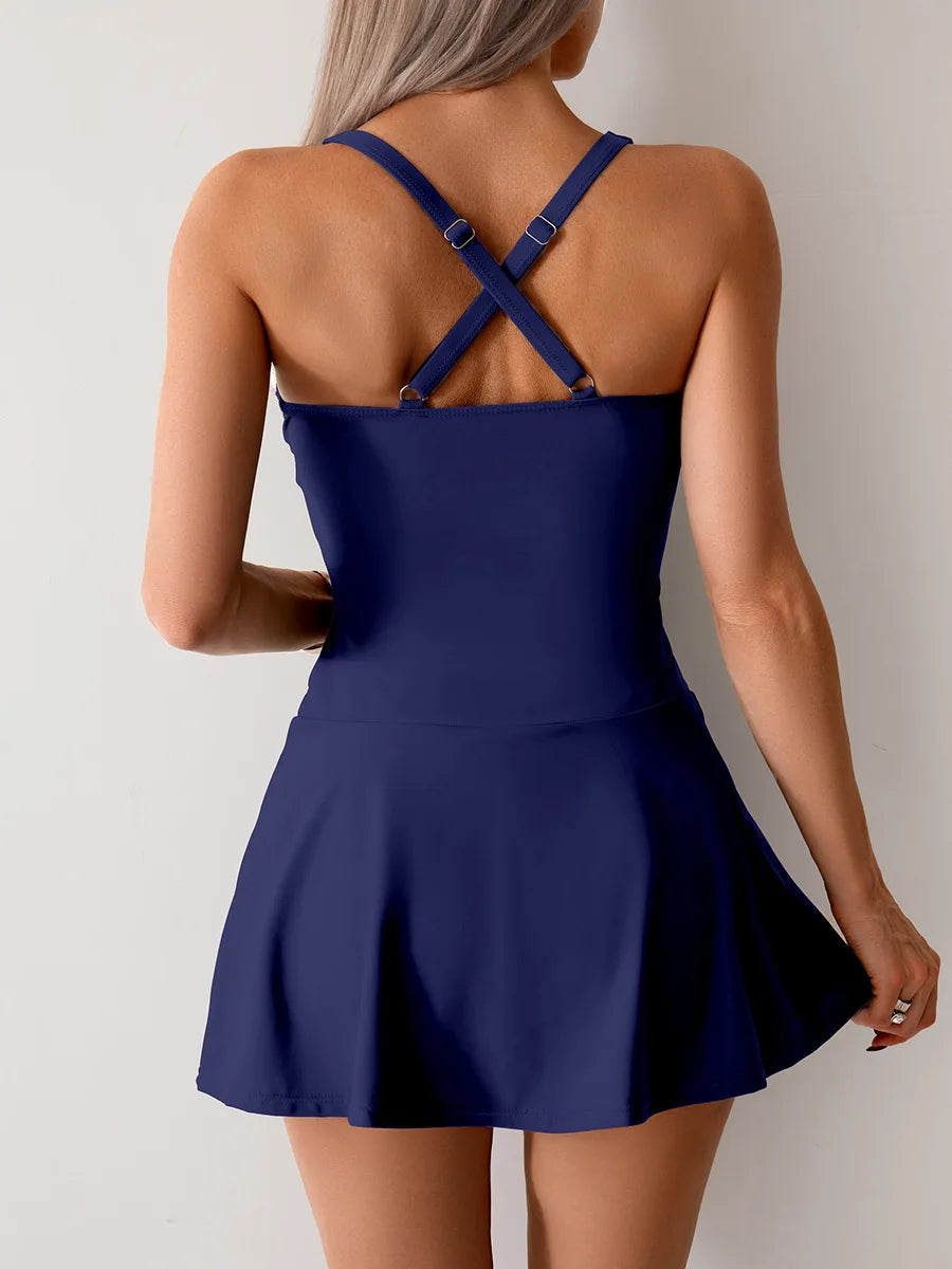 Ruched Skirt One Piece Swimsuit Cross Back Monokini