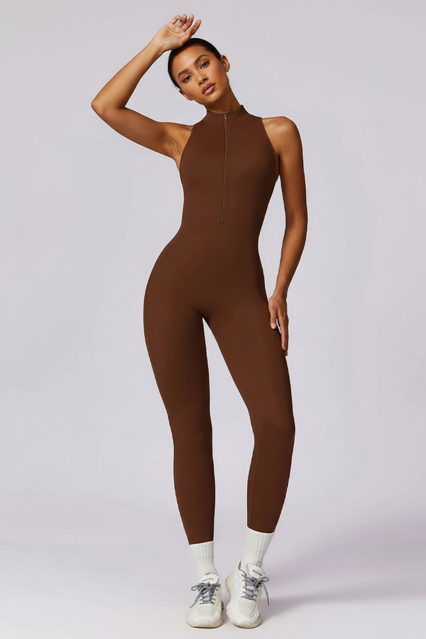 One-Piece Activewear Jumpsuit - V-Back Zip Front with Sculpting Fit