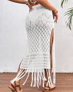 Knitted Tassel Sarong Skirt High Slit Cover Up