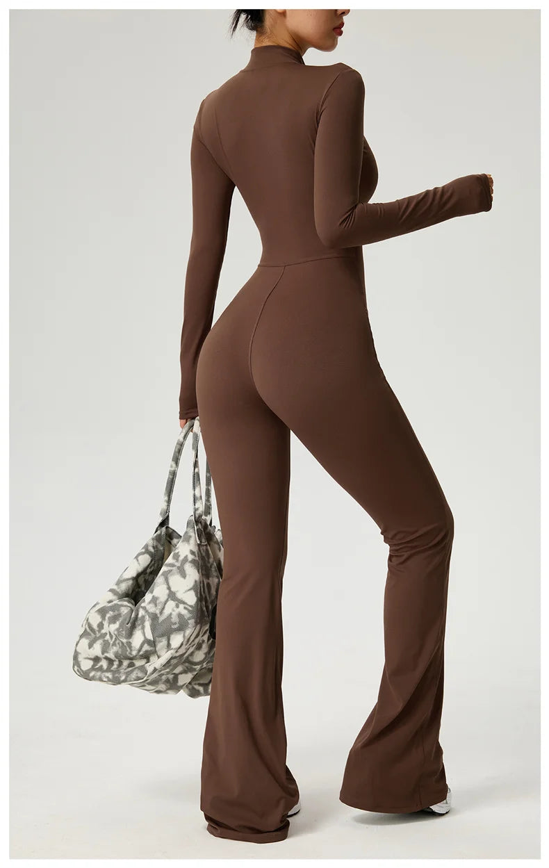 Long Sleeve Zip Front Jumpsuit Women High Neck Flare Leg Stretch Catsuit