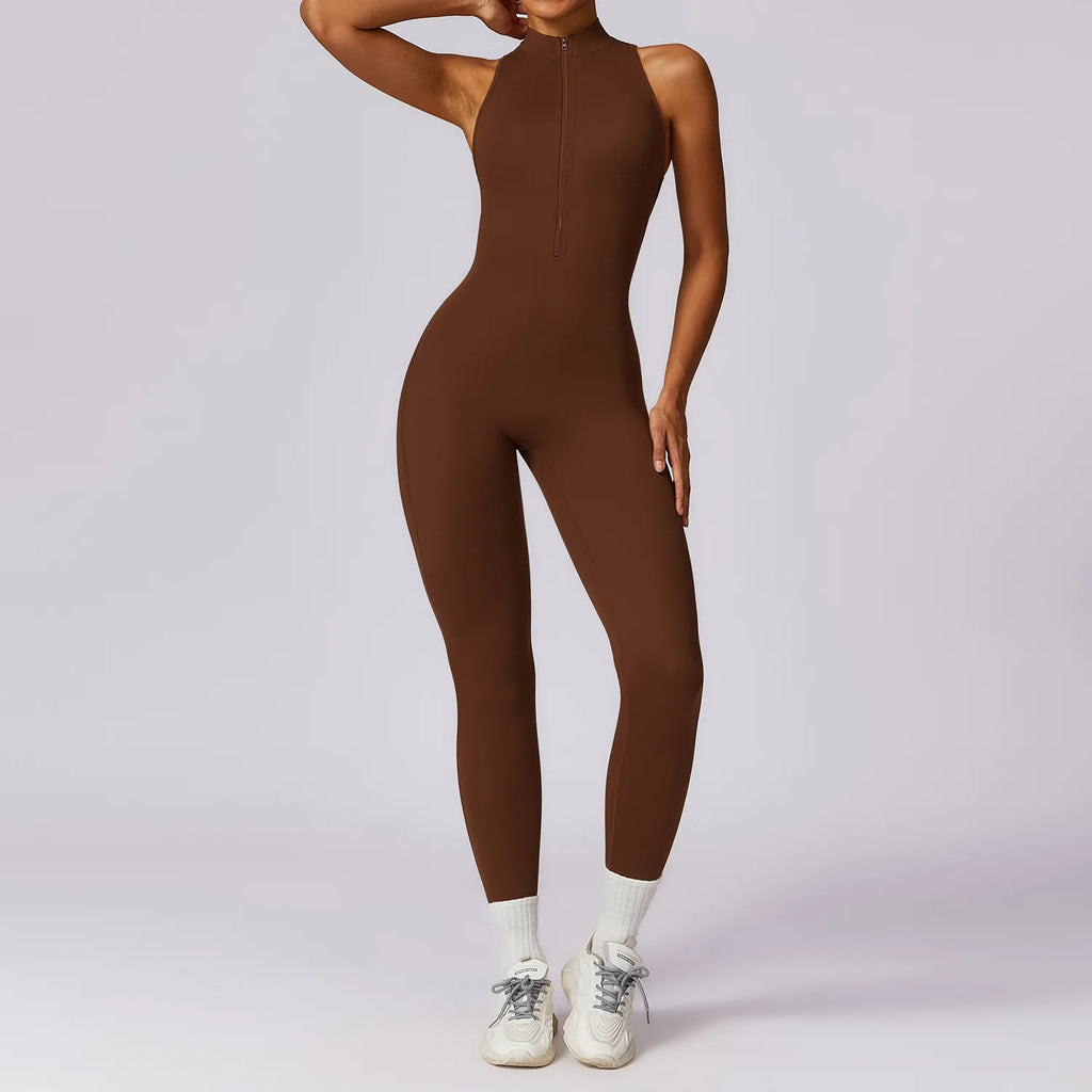 One-Piece Activewear Jumpsuit - V-Back Zip Front with Sculpting Fit