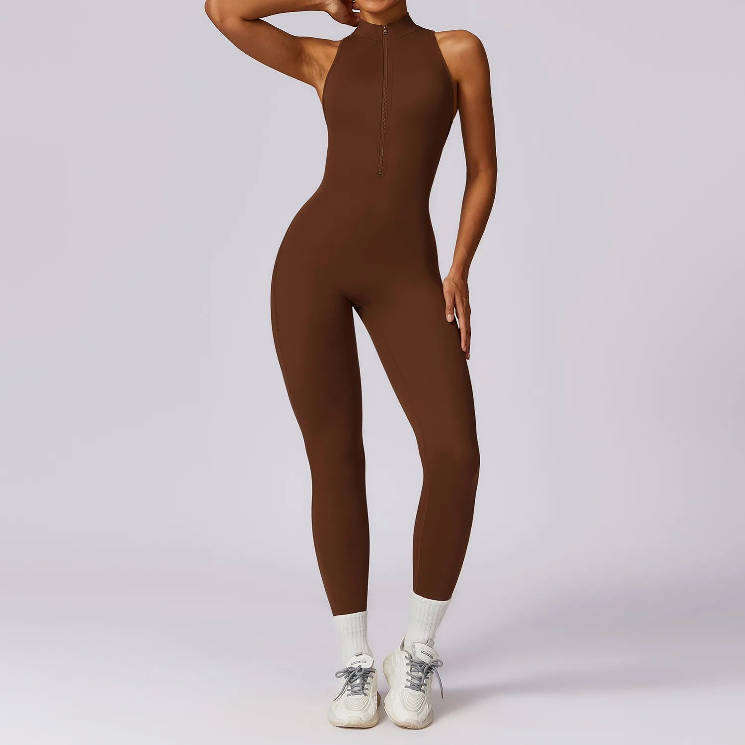 One-Piece Activewear Jumpsuit - V-Back Zip Front with Sculpting Fit
