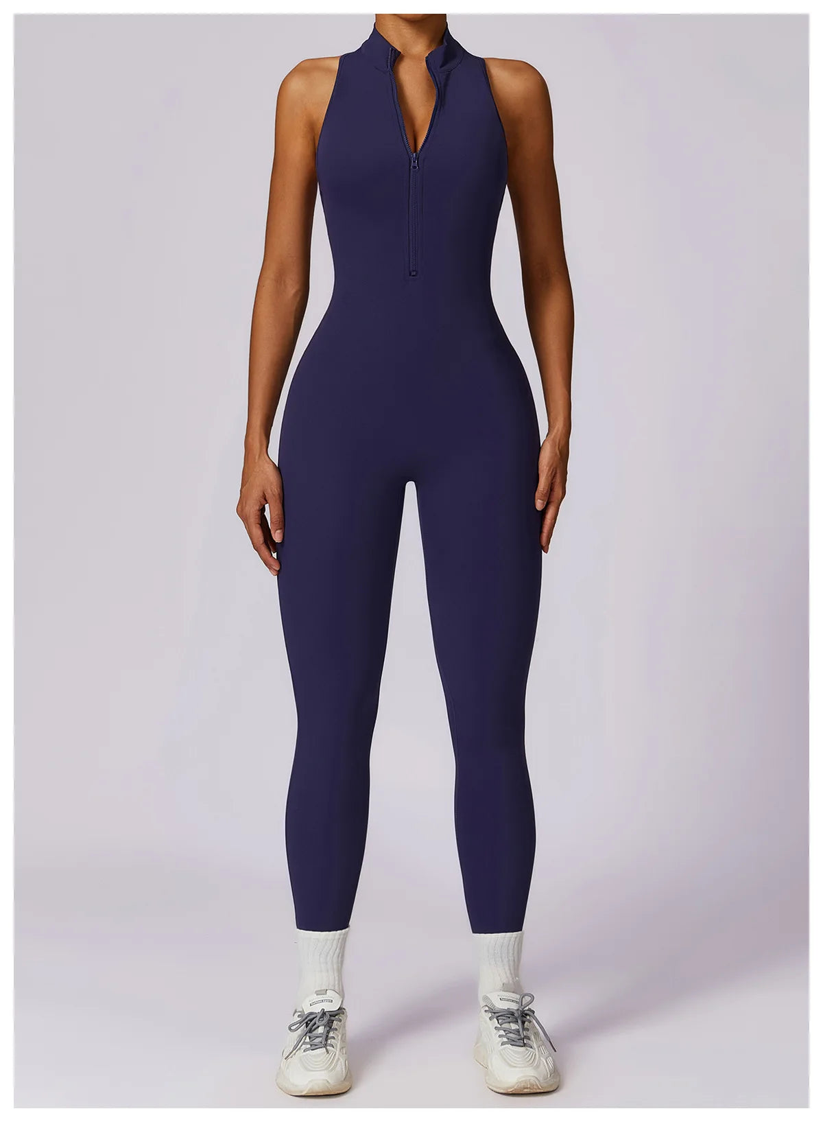 One-Piece Activewear Jumpsuit - V-Back Zip Front with Sculpting Fit