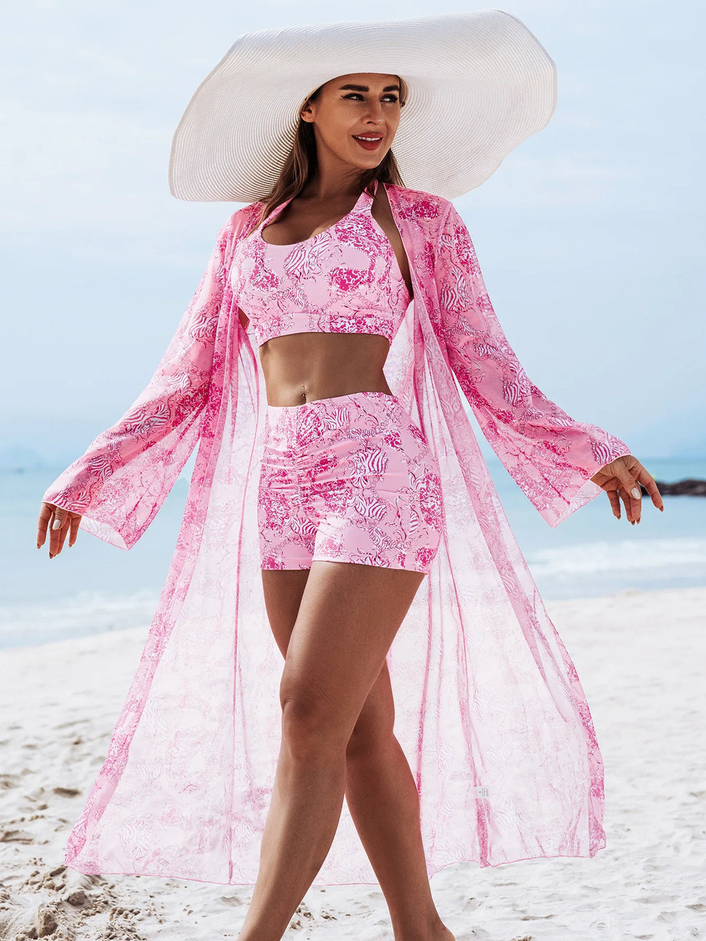 Three Piece Tankini Set Kimono Cover Up Swimwear